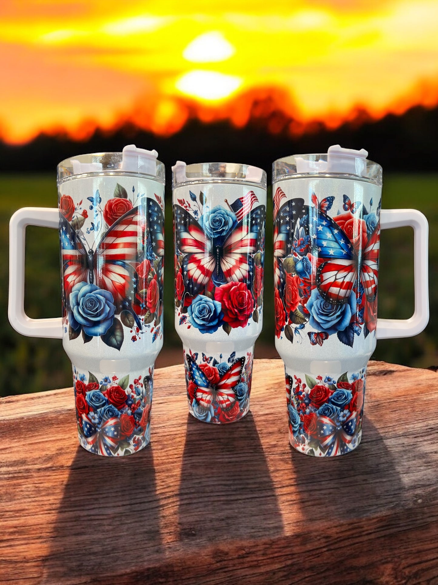 Butterfly  4Th of July Patriotic Holographic Sparkle Stainless Steel 40oz Insulated Cup Water Bottles