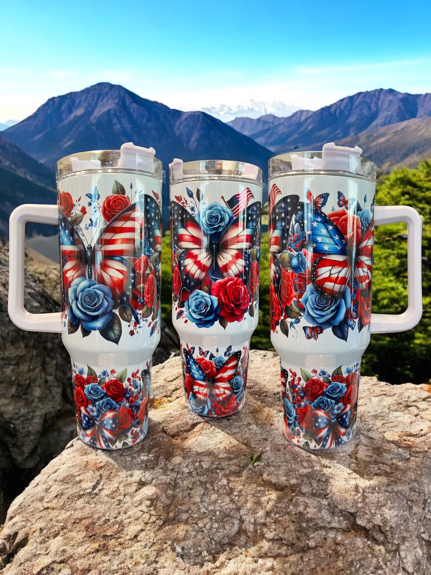 Butterfly  4Th of July Patriotic Holographic Sparkle Stainless Steel 40oz Insulated Cup Water Bottles