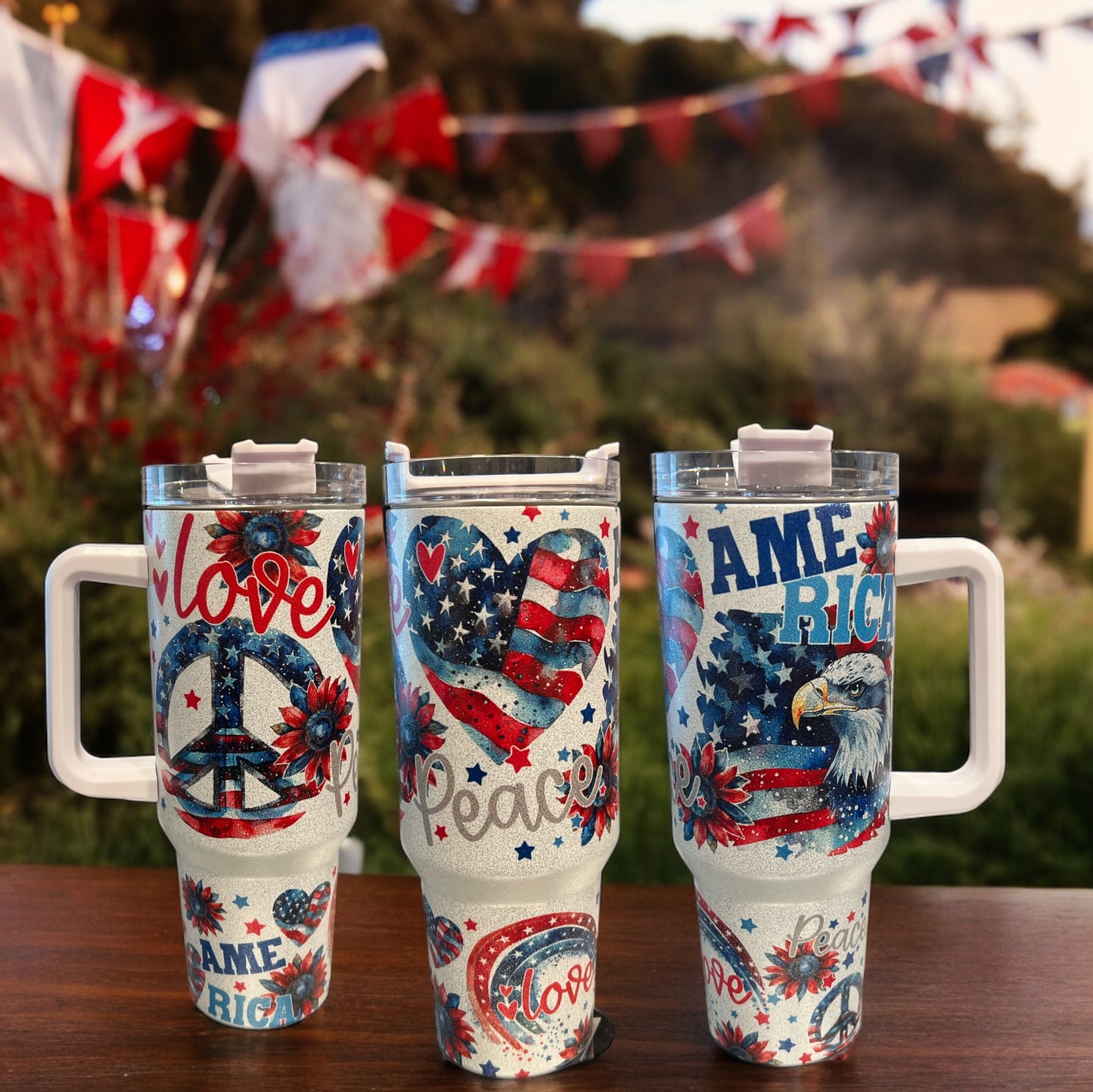 40oz Stanley Style Thirst Quencher- Patriotic 4th of July glitter