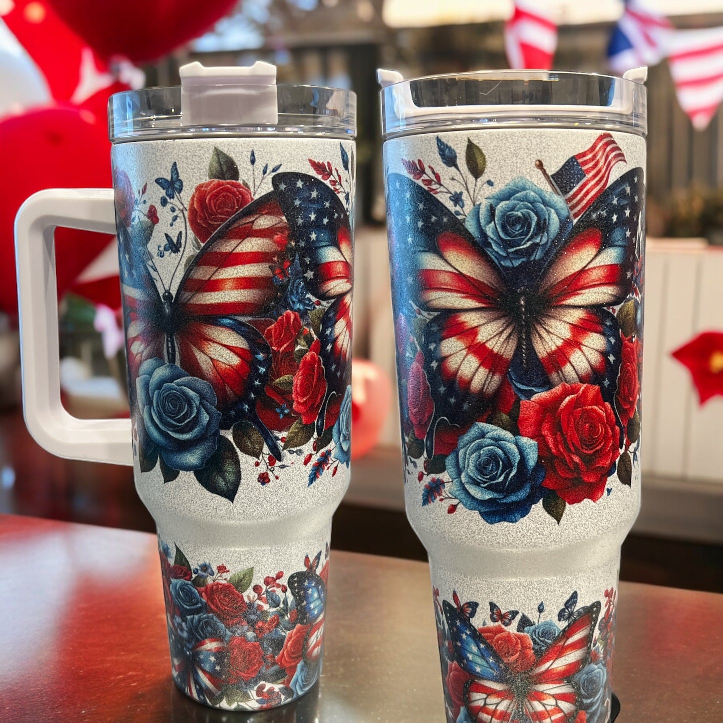 40oz Stanley Style Thirst Quencher- Patriotic Butterfly glitter