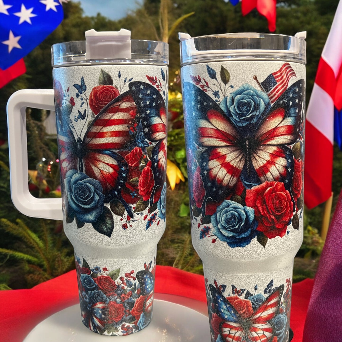 40oz Stanley Style Thirst Quencher- Patriotic Butterfly glitter