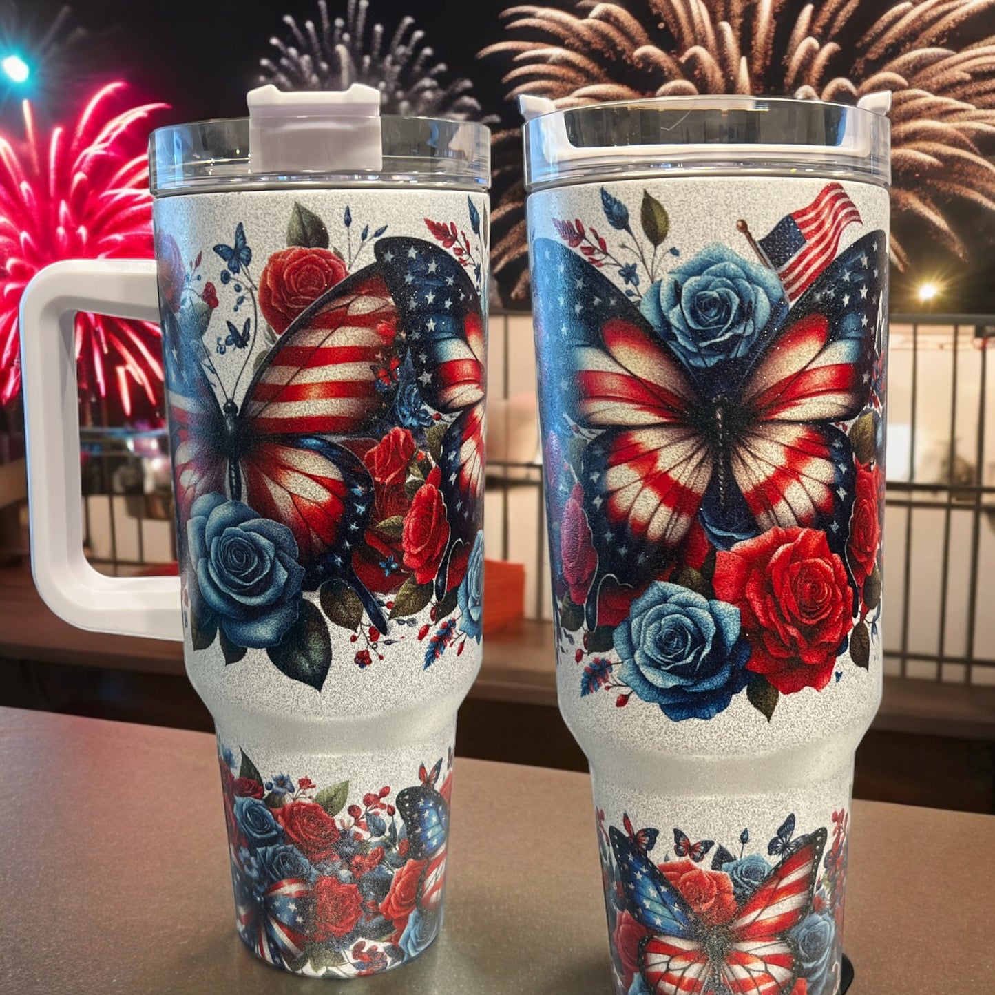 40oz Stanley Style Thirst Quencher- Patriotic Butterfly glitter