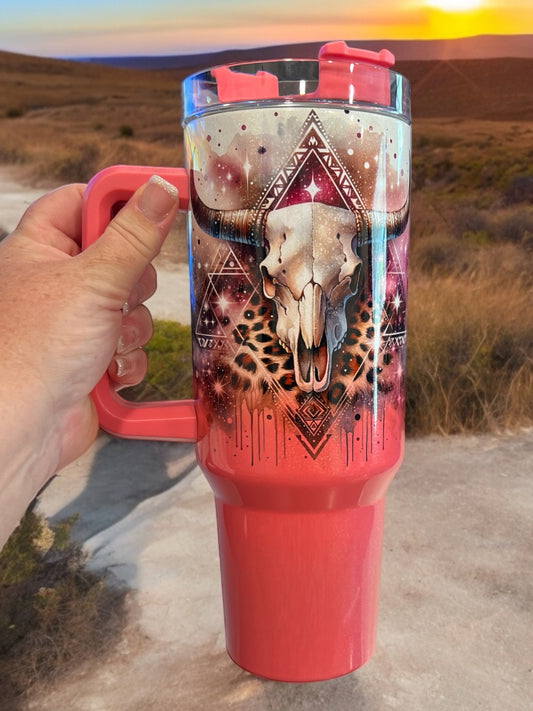 40oz Stanley Style Thirst Quencher Tumblers -cow skull- pink/white  holographic glitter