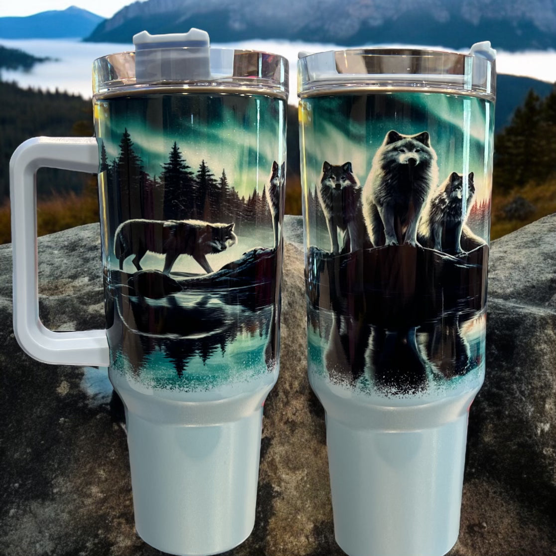 40oz Stanley Style Thirst Quencher Tumblers - wolf with norther lights blue/white holographic sparkle