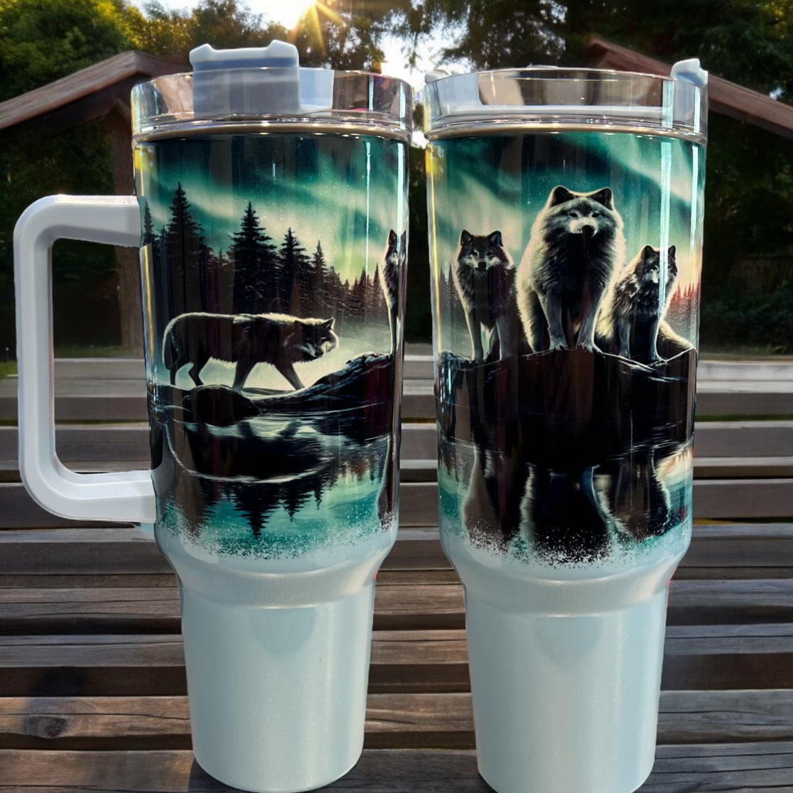 40oz Stanley Style Thirst Quencher Tumblers - wolf with norther lights blue/white holographic sparkle