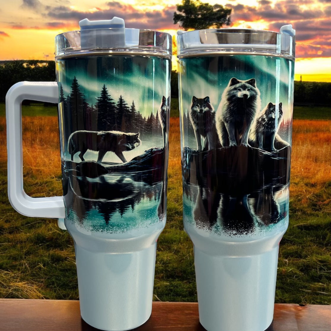 40oz Stanley Style Thirst Quencher Tumblers - wolf with norther lights blue/white holographic sparkle