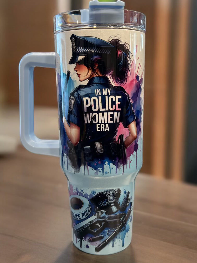 40oz Stanley Style Thirst Quencher Tumblers - In my police woman era blue/white holographic sparkle