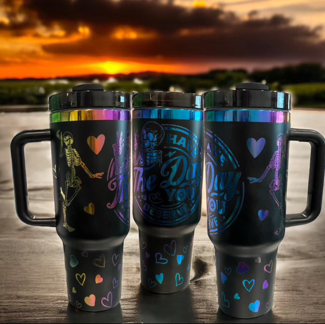 40oz Stanley Style Thirst Quencher Tumblers - Have the day you deserve black engraved rainbow