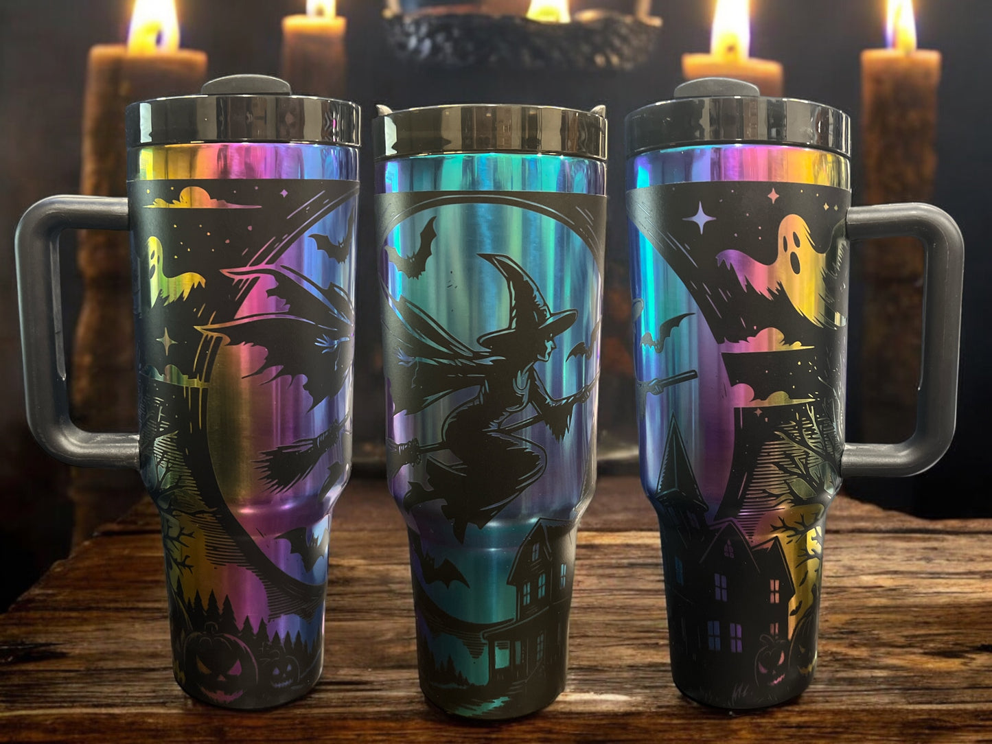 40oz Stanley Style Thirst Quencher Tumblers - Halloween Witch Spooky Season, black engraved rainbow