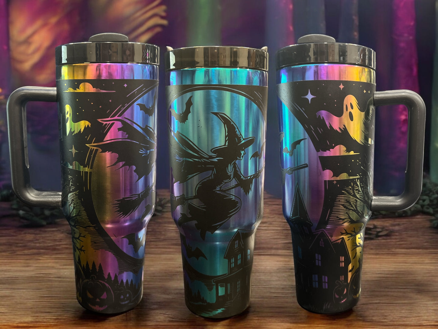 40oz Stanley Style Thirst Quencher Tumblers - Halloween Witch Spooky Season, black engraved rainbow