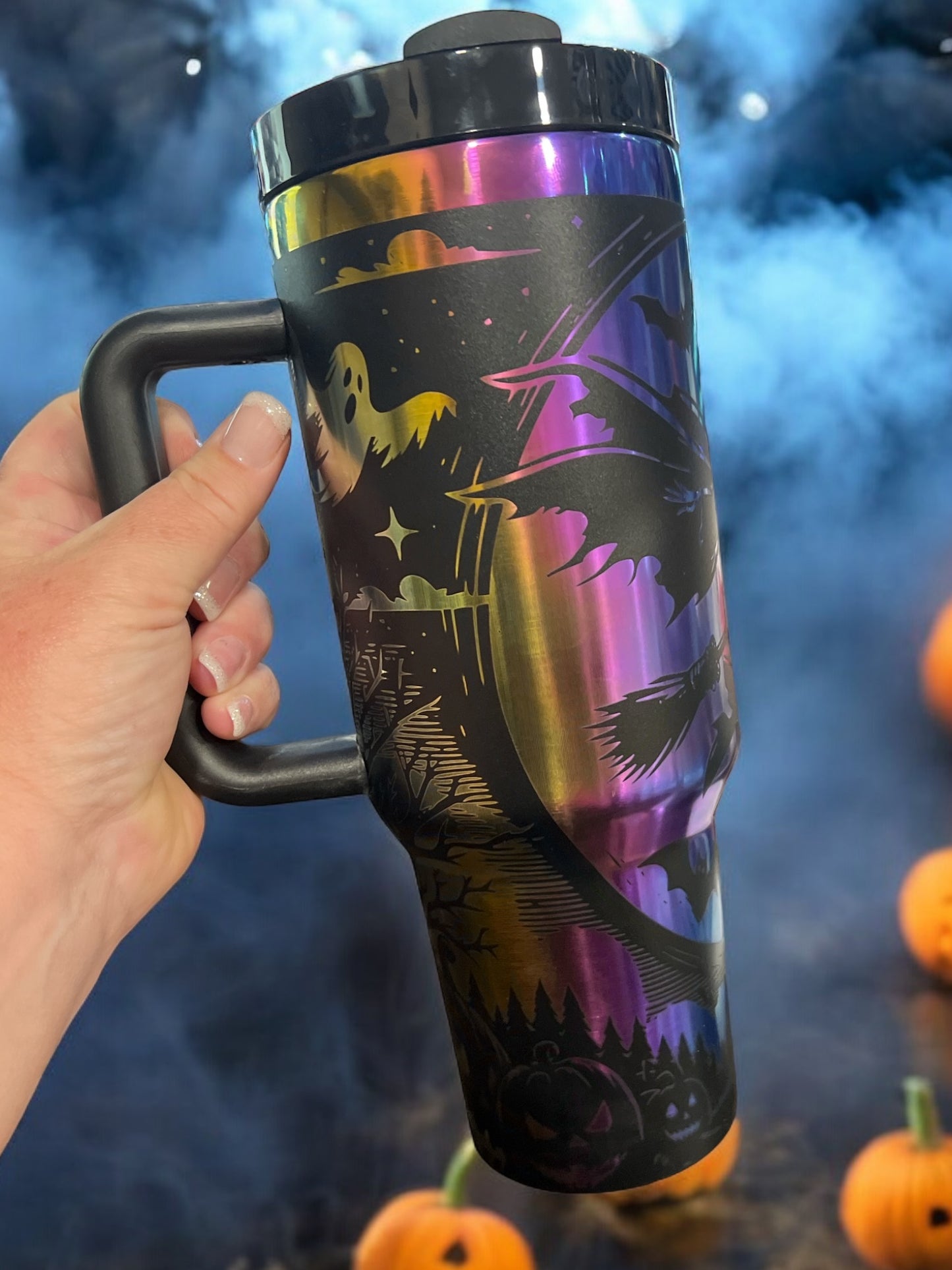 40oz Stanley Style Thirst Quencher Tumblers - Halloween Witch Spooky Season, black engraved rainbow