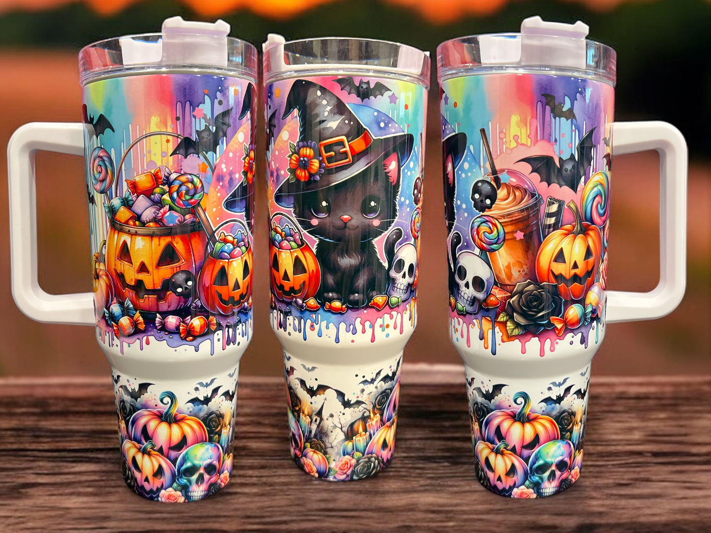 40oz Stanley Style Thirst Quencher Tumblers - Fall Pumpkins Halloween Cat