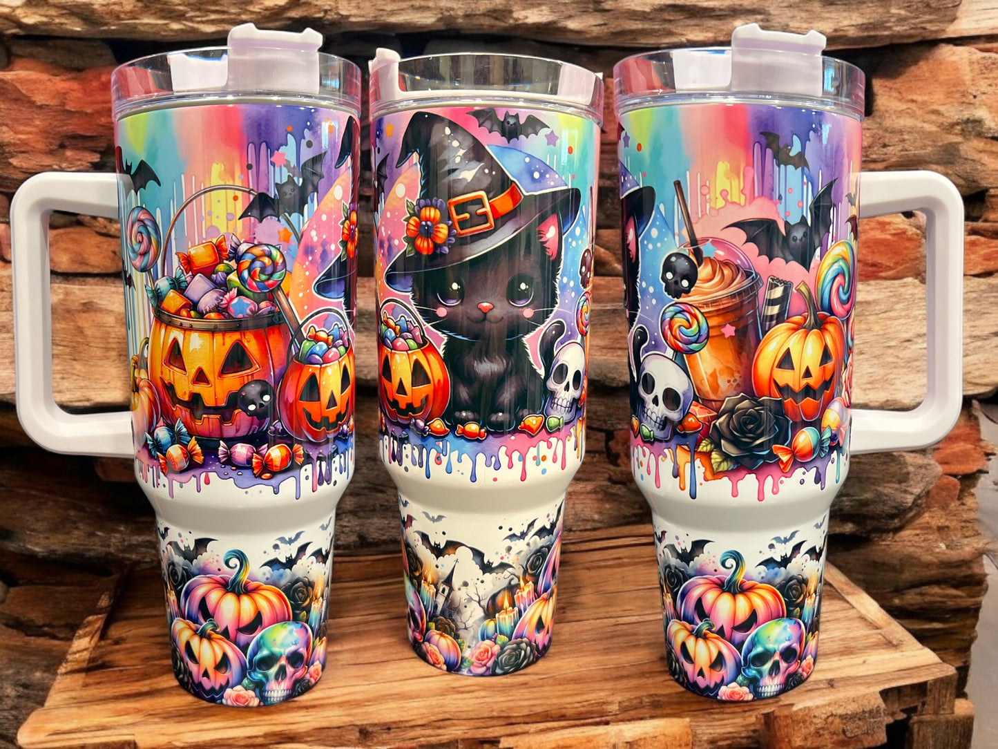 40oz Stanley Style Thirst Quencher Tumblers - Fall Pumpkins Halloween Cat