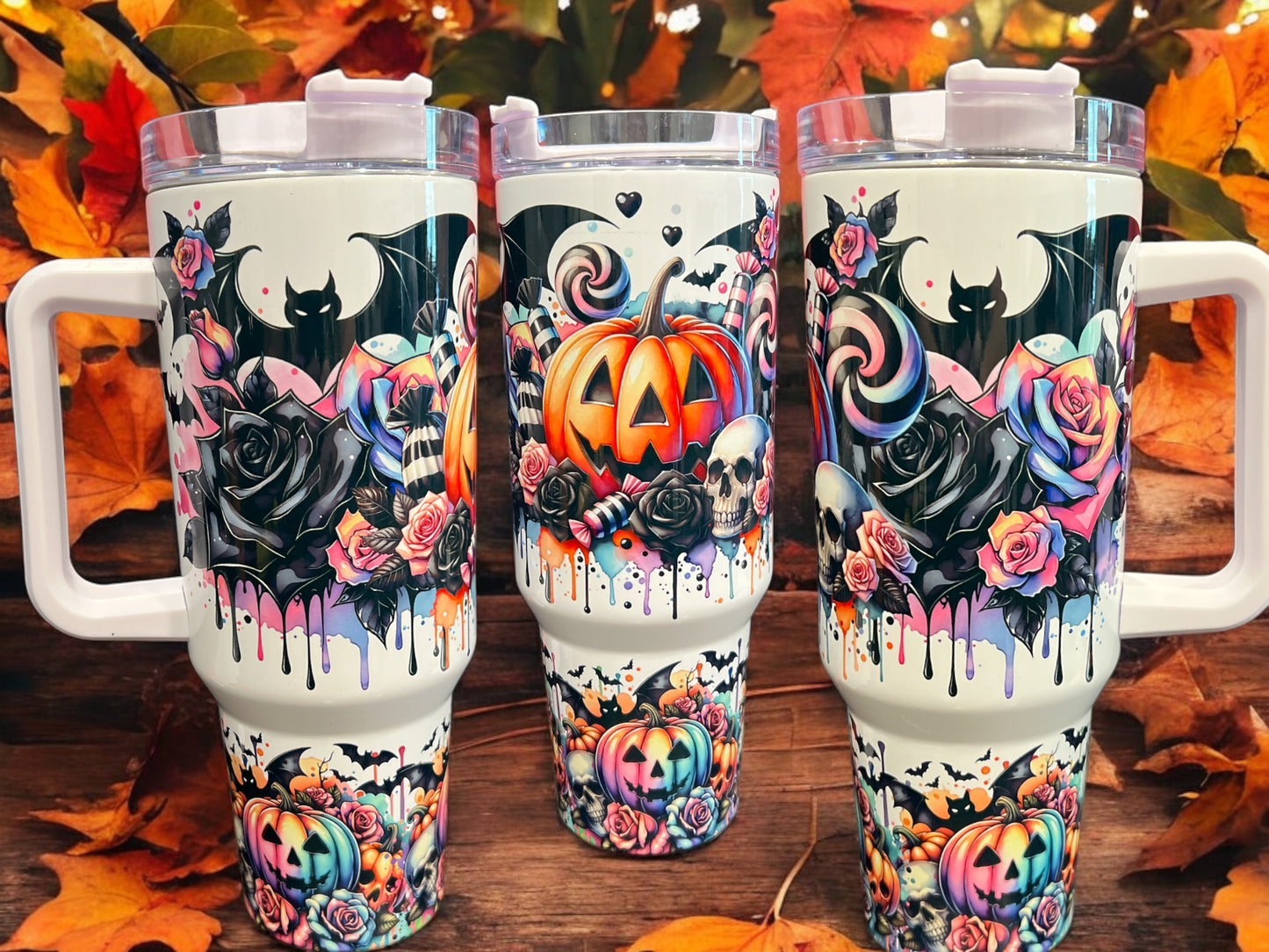 40oz Stanley Style Thirst Quencher Tumblers - Halloween Pumpkin, Bats, Roses Spooky Season