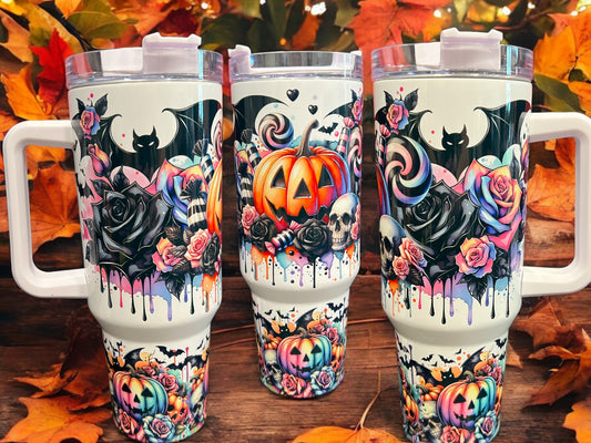 Halloween Pumpkin, Bats & Roses 40oz Stanley Style Thirst Quencher Tumbler