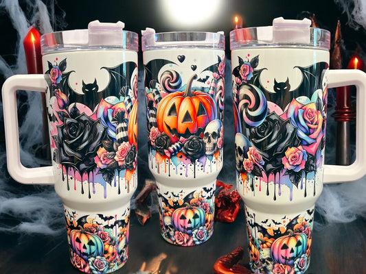 40oz Stanley Style Thirst Quencher Tumblers - Halloween Pumpkin, Bats, Roses Spooky Season