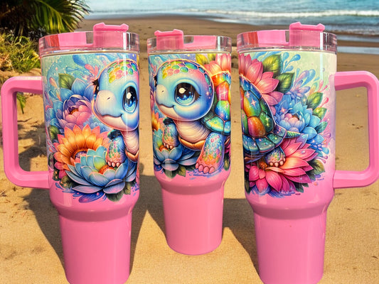 40oz Stanley Style Thirst Quencher Tumblers -Turtle  Purple /white  holographic glitter