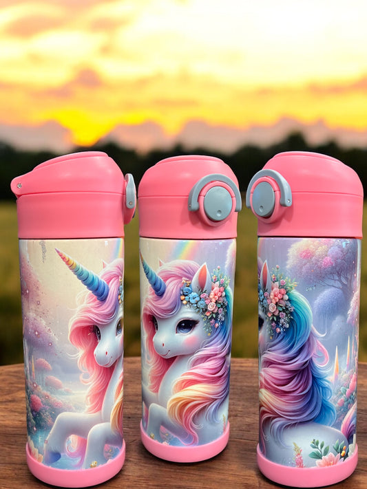 12oz kids water bottles -Pink Unicorn in Clouds