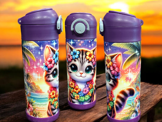 12oz kids water bottles - Kitten on Beach