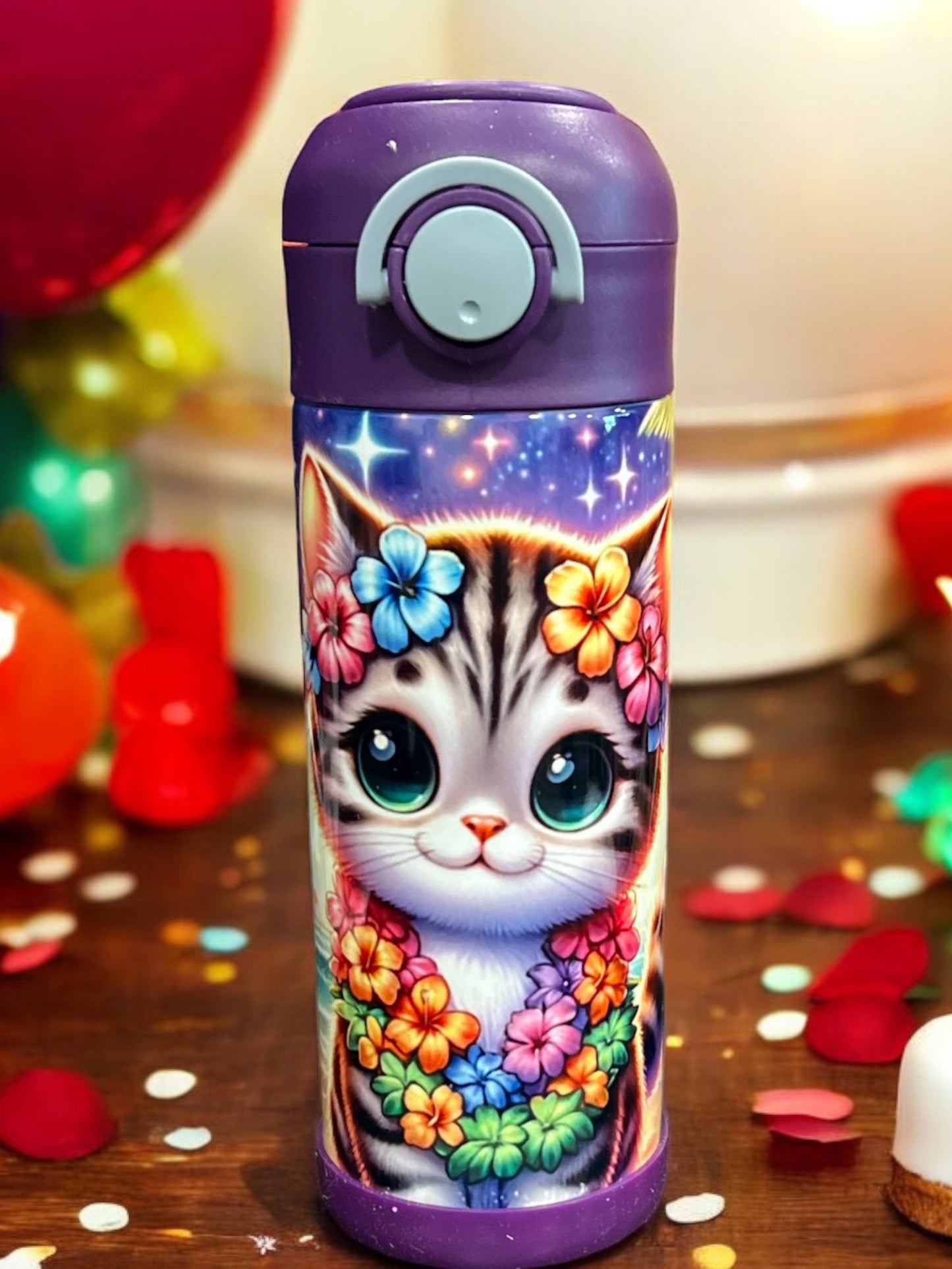 12oz kids water bottles - Kitten on Beach