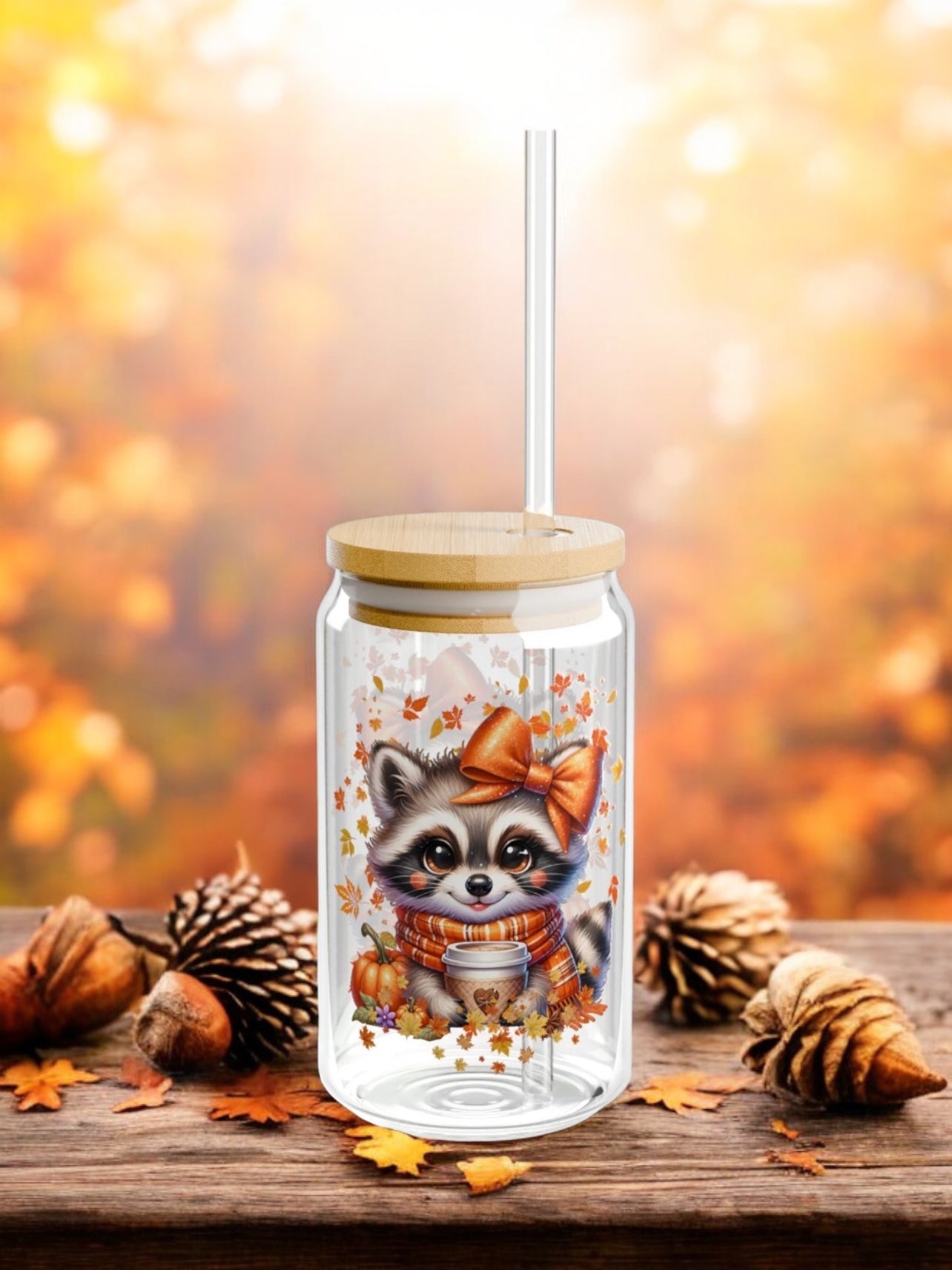 Fall Racoon  Sipper Glass, 16oz