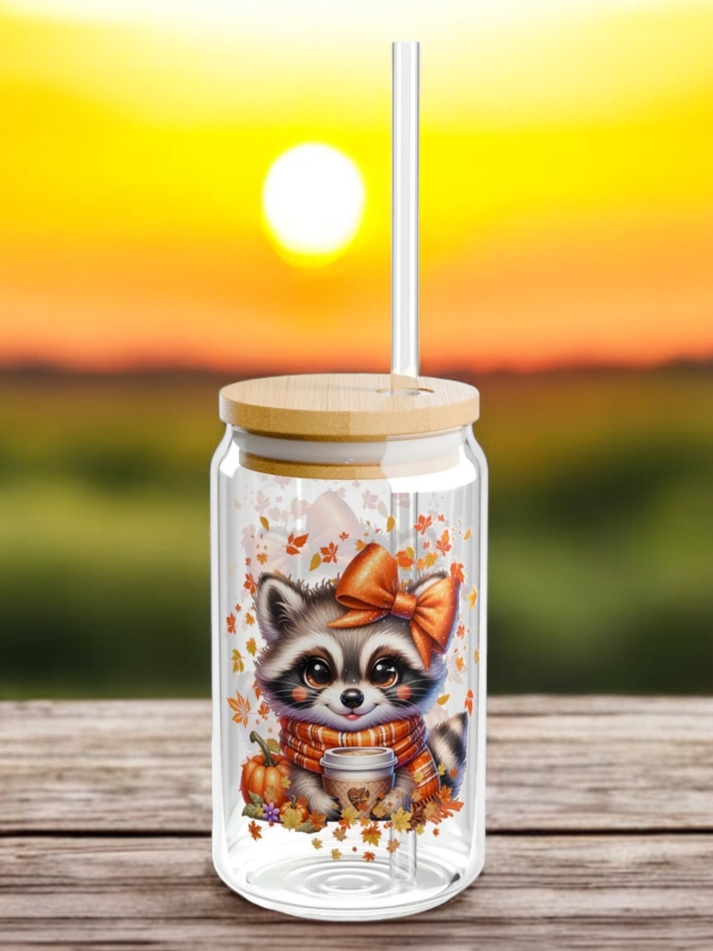 Fall Racoon  Sipper Glass, 16oz