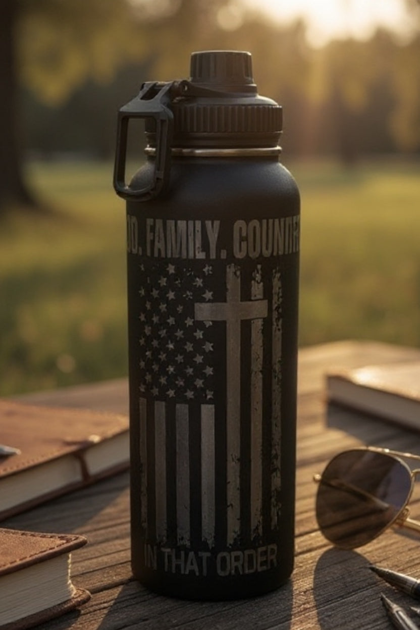 🦅 32oz Freedom Stainless Steel Engraved Water Bottle –  
God. Family. Country. In That Order.