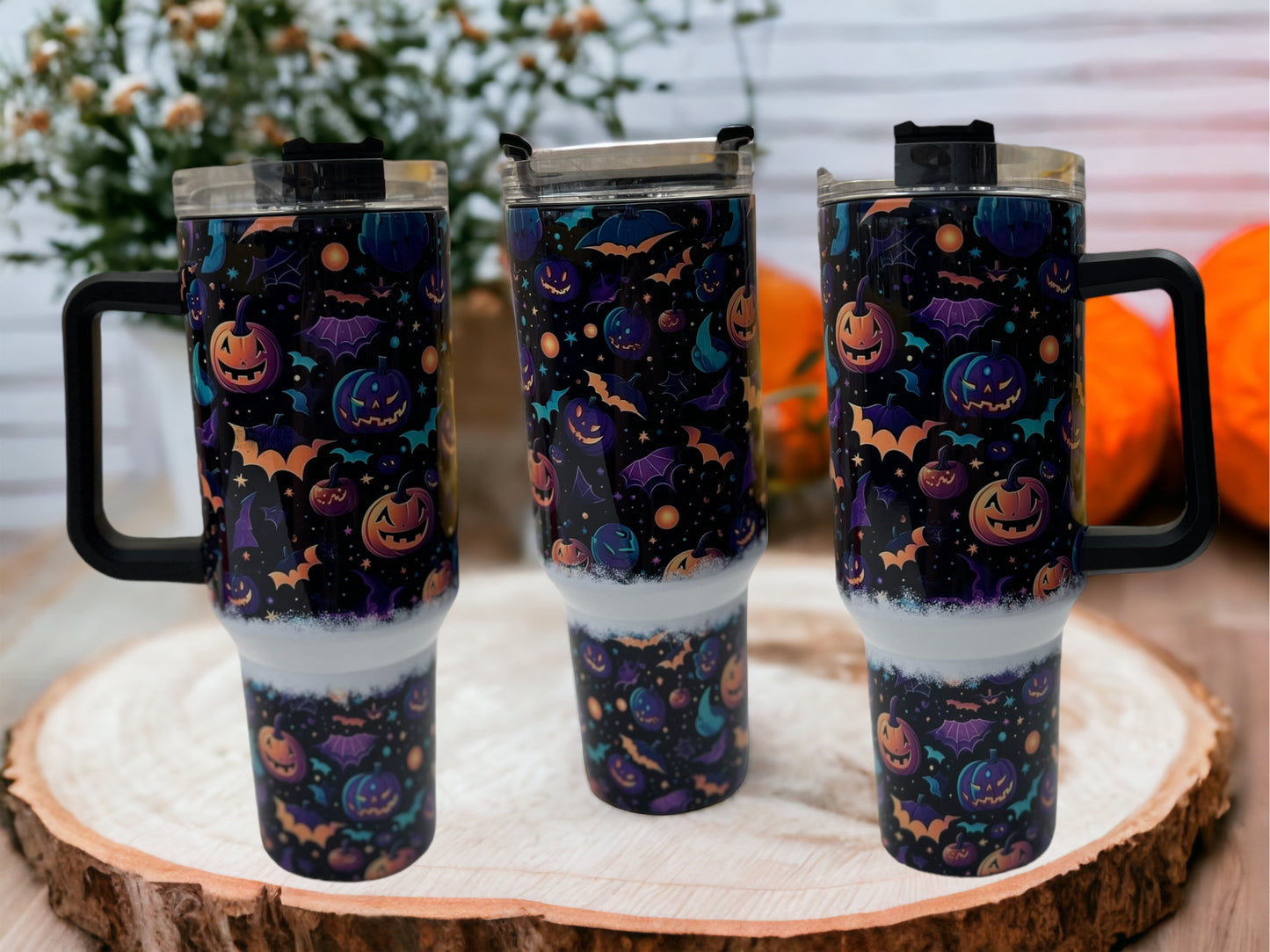 40oz Stanley Style Thirst Quencher Tumblers -Halloween Bats and Pumpkins