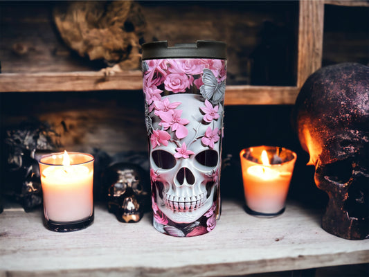 20oz Coffee Travel Tumbler with dual lids -Pink Skulls