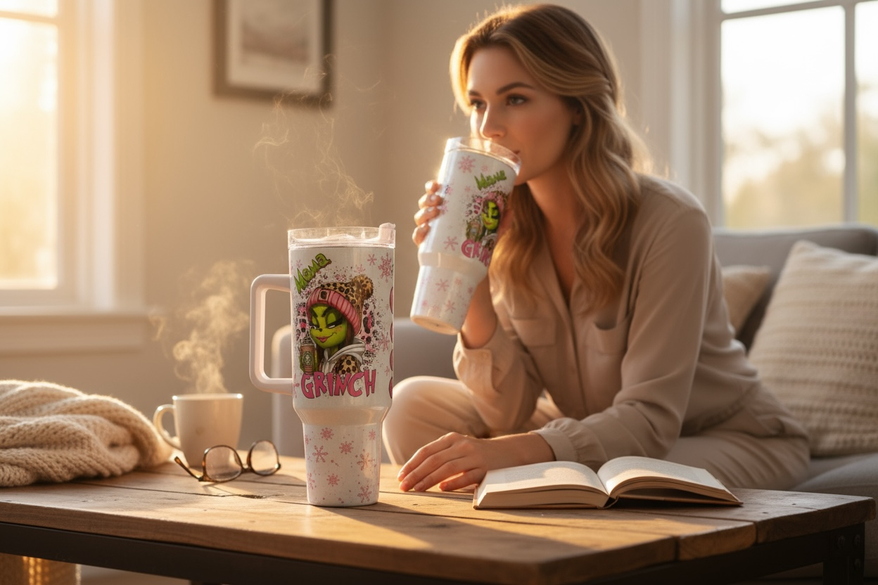 40oz HOLOGRAPHIC Shimmer Stanley Style- MAMA Grinch