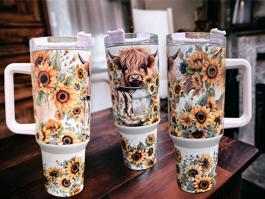 40oz Stanley Style Thirst Quencher Tumblers -Cow in Tub with boots sunflowers