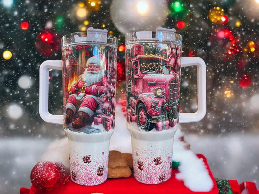 40oz HOLOGRAPHIC Shimmer Stanley Style- Pink Christmas Santa