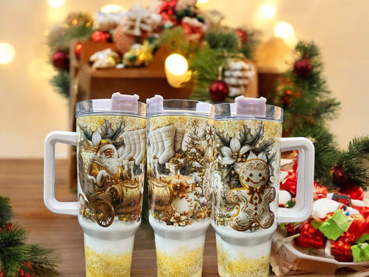 Festive 40oz gold holographic shimmer “Santa” tumbler. Stanley-style insulated cup. Perfect holiday gift. Glitter Christmas drinkware for women & men.