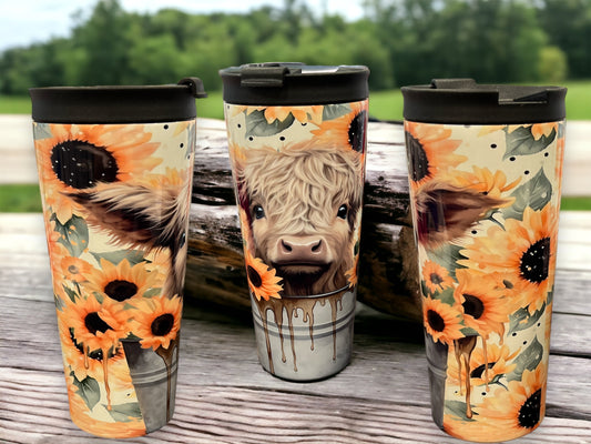 20oz Coffee Travel Tumbler with dual lids- sunflower cow in bucket