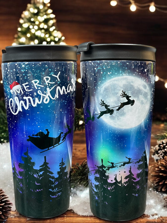 Santa starry night sleigh with moon 20oz Coffee Travel Tumbler with dual lids