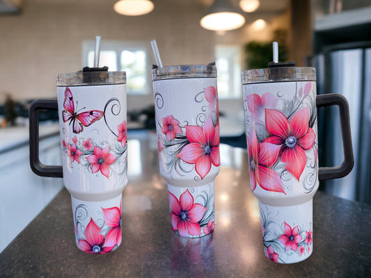 40oz Stanley Style Thirst Quencher Tumblers- Pink Butterfly and Flower