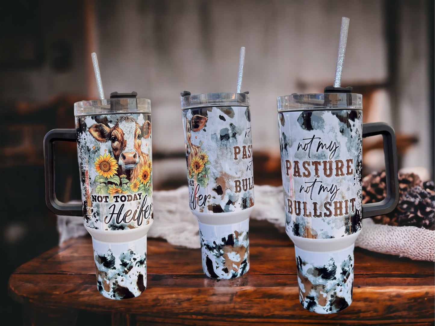 40oz Stanley Style Thirst Quencher Tumblers - Not My Pasture Not My Bullshit (cow #6)