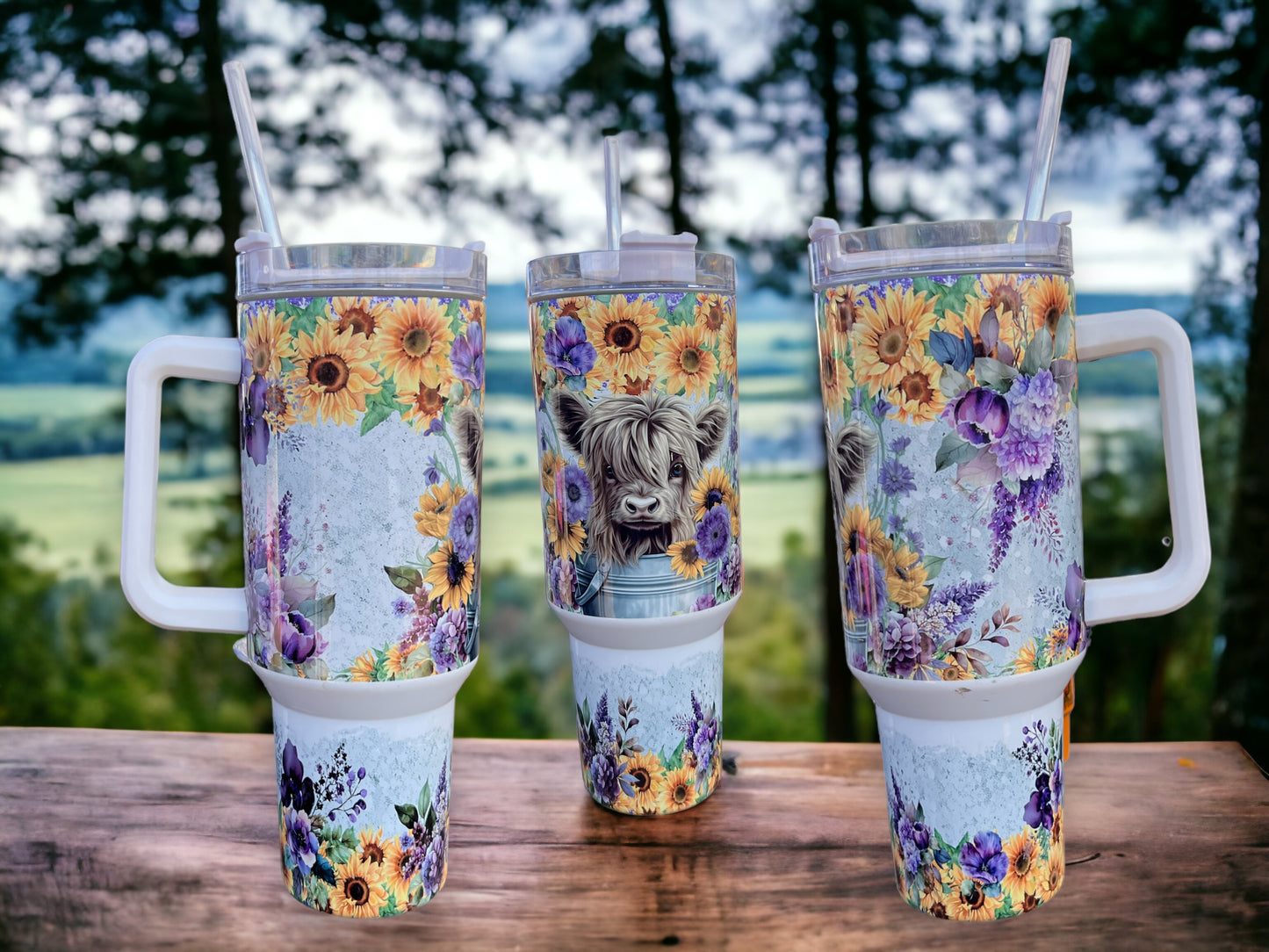 40oz Stanley Style Thirst Quencher Tumblers - Purple flowers with Cows (cow #2)