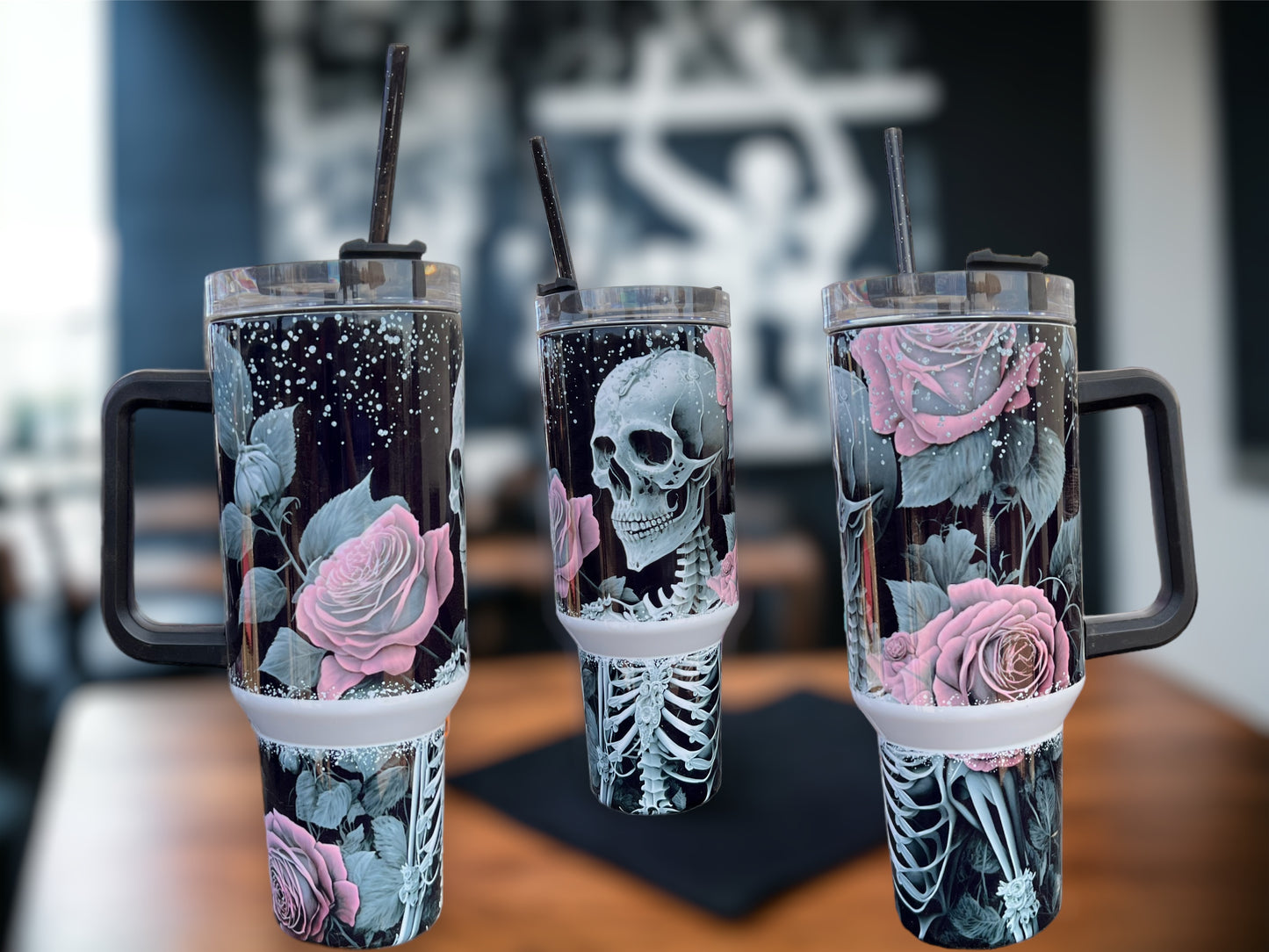 40oz Stanley Style Thirst Quencher Tumblers - pink flower skulls