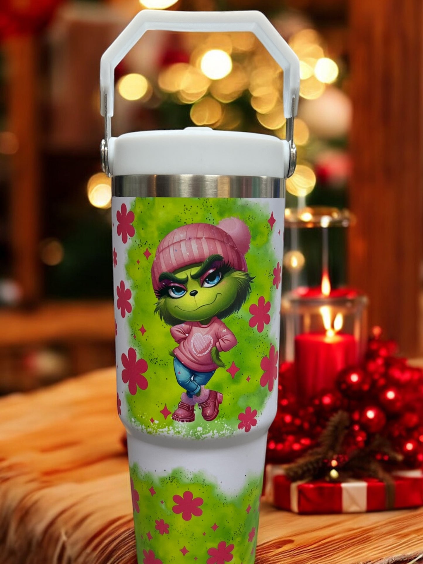 30oz Flip Top Water Bottle with Handle- Adorable Green Grinch Girl