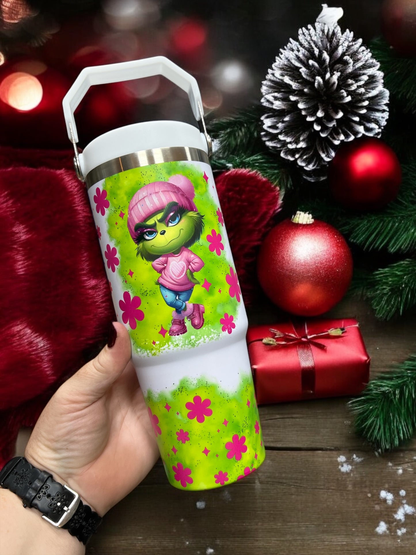 30oz Flip Top Water Bottle with Handle- Adorable Green Grinch Girl