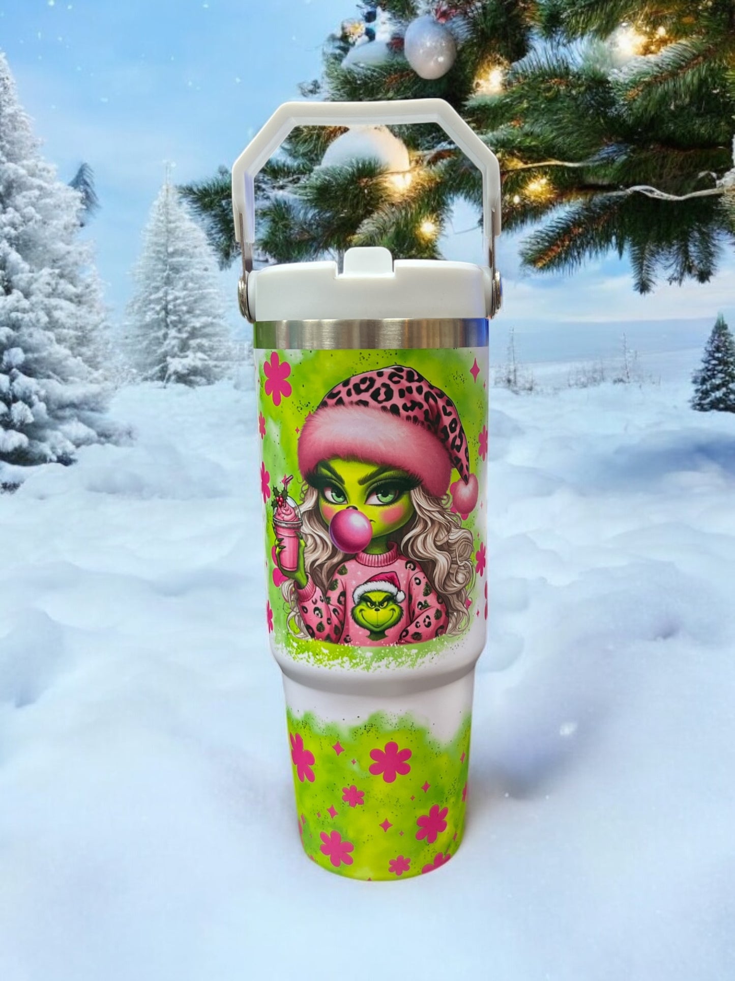 30oz Flip Top Water Bottle with Handle- Fun Adorable Green Grinch Girl