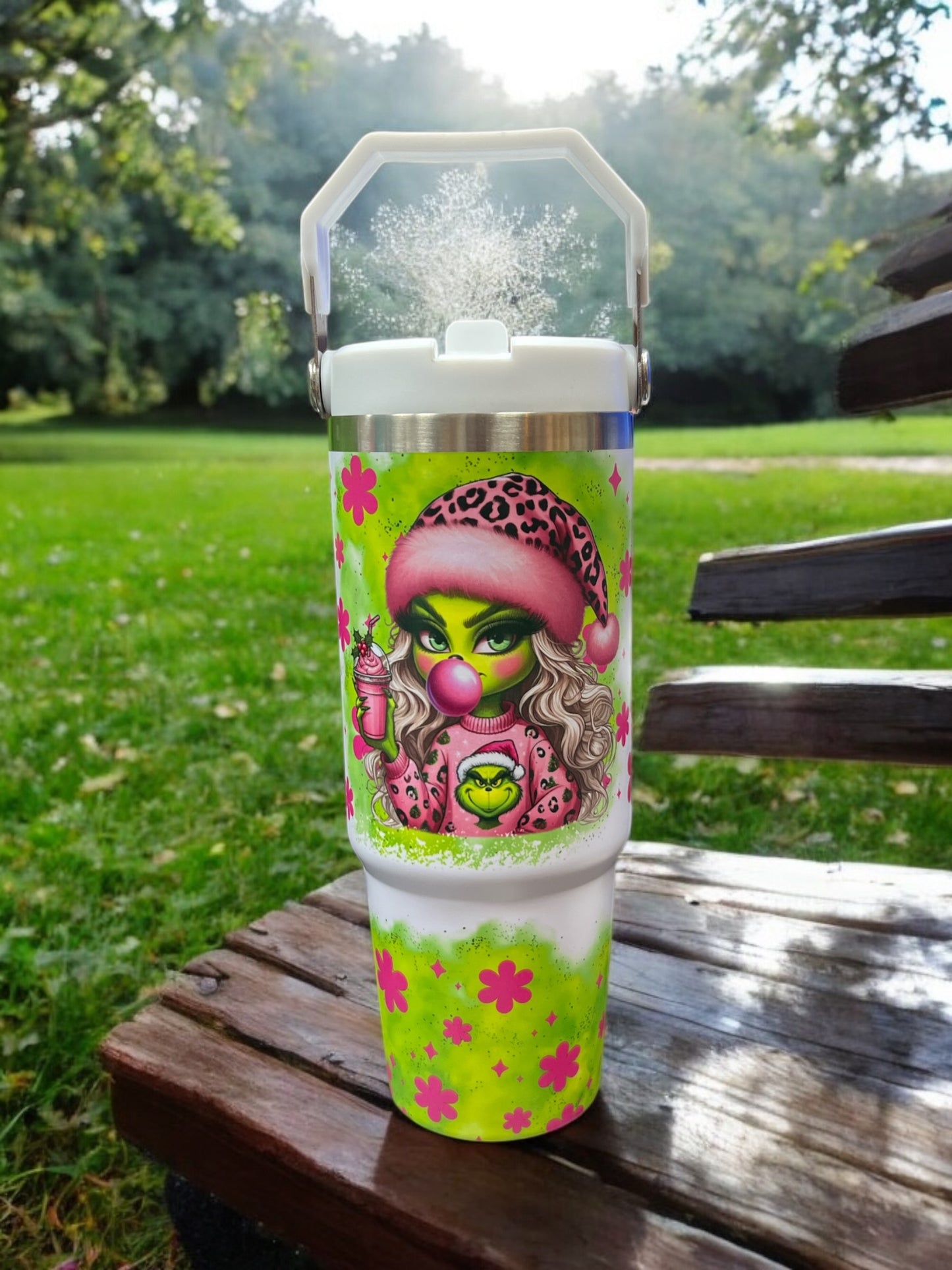 30oz Flip Top Water Bottle with Handle- Fun Adorable Green Grinch Girl