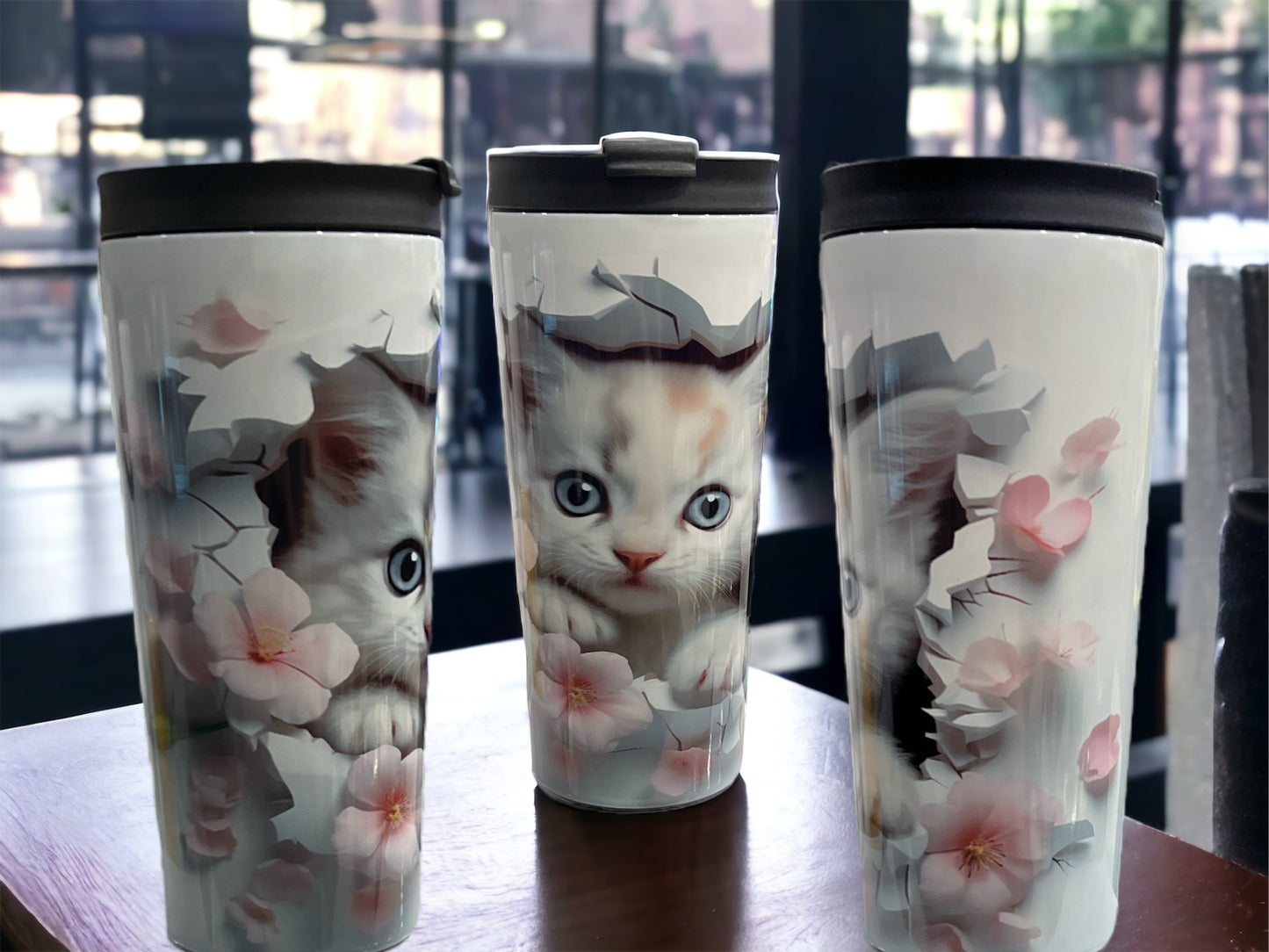 20oz Coffee Travel Tumbler with dual lids -Hole in Wall White Cat