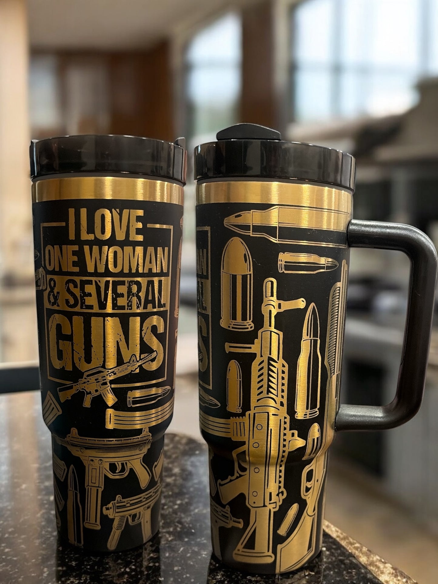 🔥 30oz Laser Engraved Tumbler – Gun & Ammo Design | Stainless Steel Travel Mug with Handle
