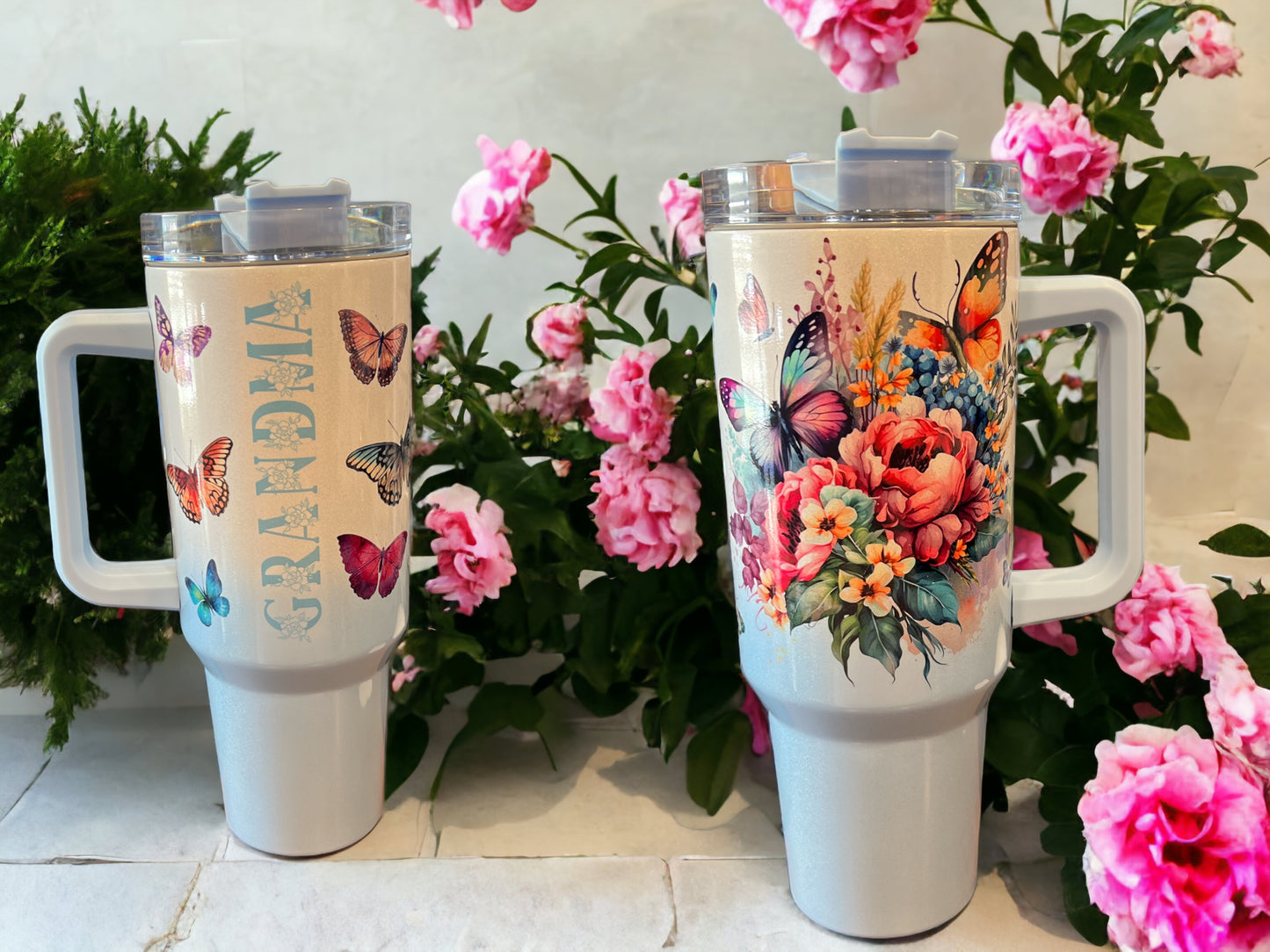 40oz Stanley Style Thirst Quencher Tumblers - grandma with flowers  light blue/white  holographic sparkle