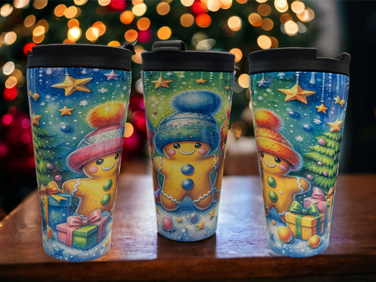 16oz Coffee Travel Tumbler with dual lids - 3 winter ginger bread people