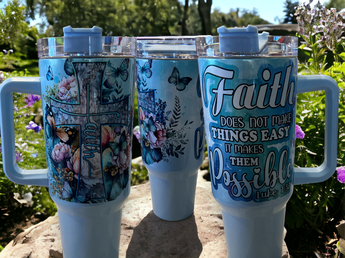 40oz Stanley Style Thirst Quencher Tumblers - white/blue holographic, shimmer, sparkle Faith