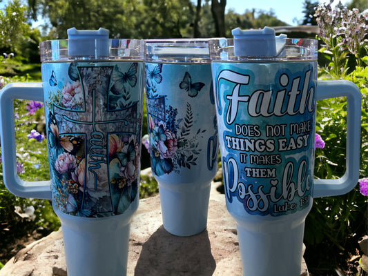 40oz Stanley Style Thirst Quencher Tumblers - white/blue holographic, shimmer, sparkle Faith