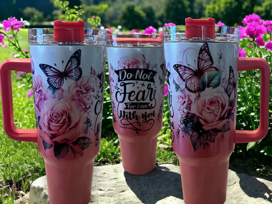 40oz Stanley Style Thirst Quencher Tumblers - light pink/white, holographic shimmer sparkle- Do not fear, Faith